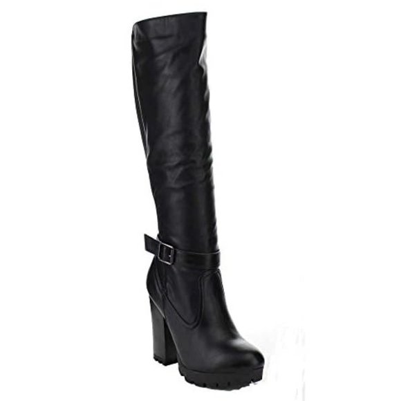 BAMBOO GABY-09 Women's Faux Leather Buckle Strap Chunky Heel Knee High Boots - Picture 1 of 9